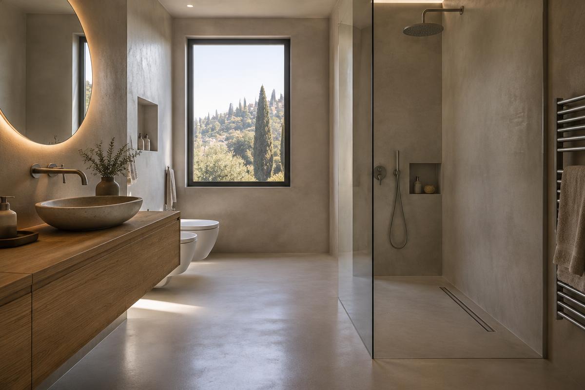 Bagno moderno con pavimento e pareti continue in resina